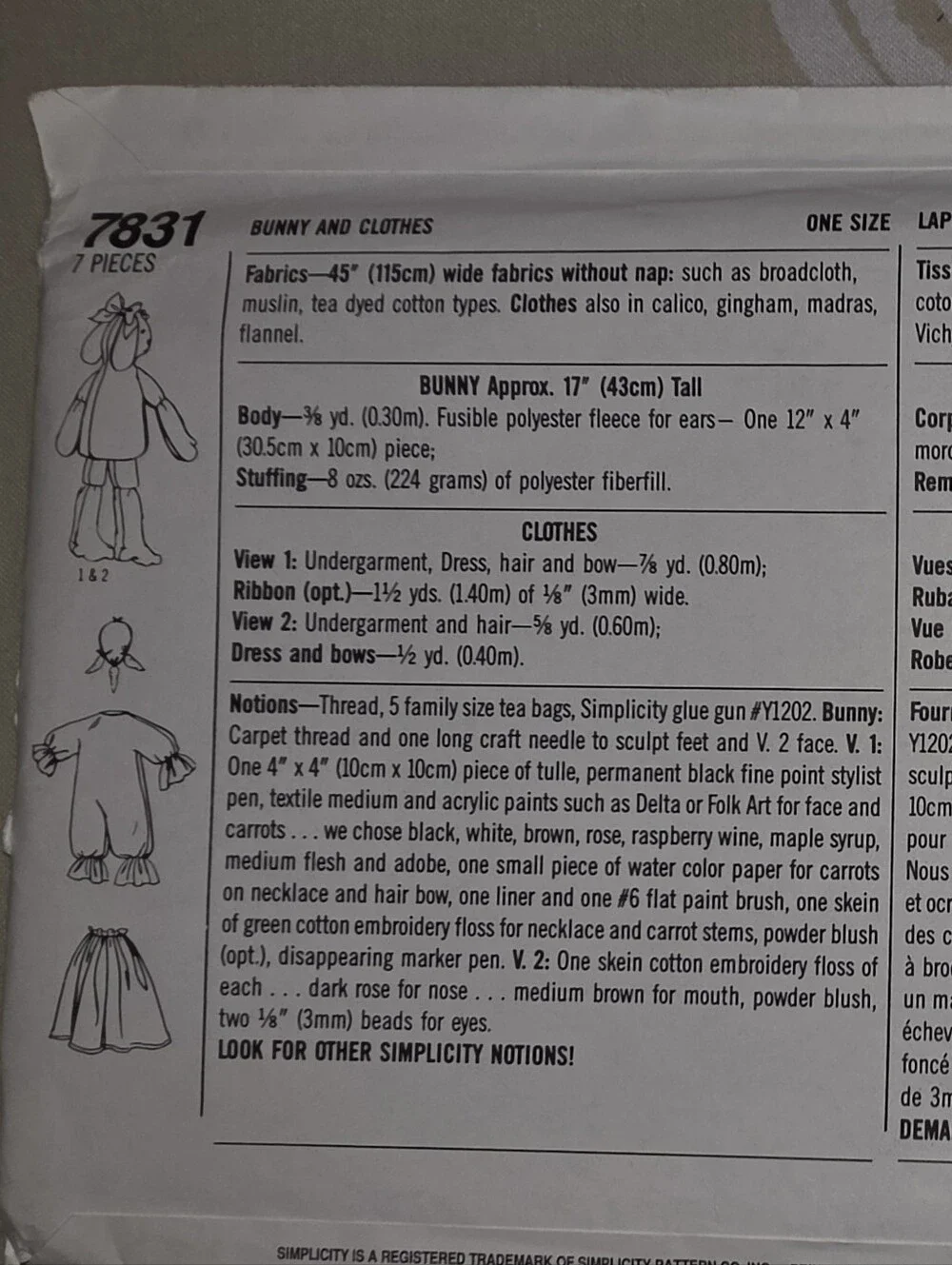 Sewing Pattern 7831 Simplicity Bunny Doll Pattern in Tan OS
